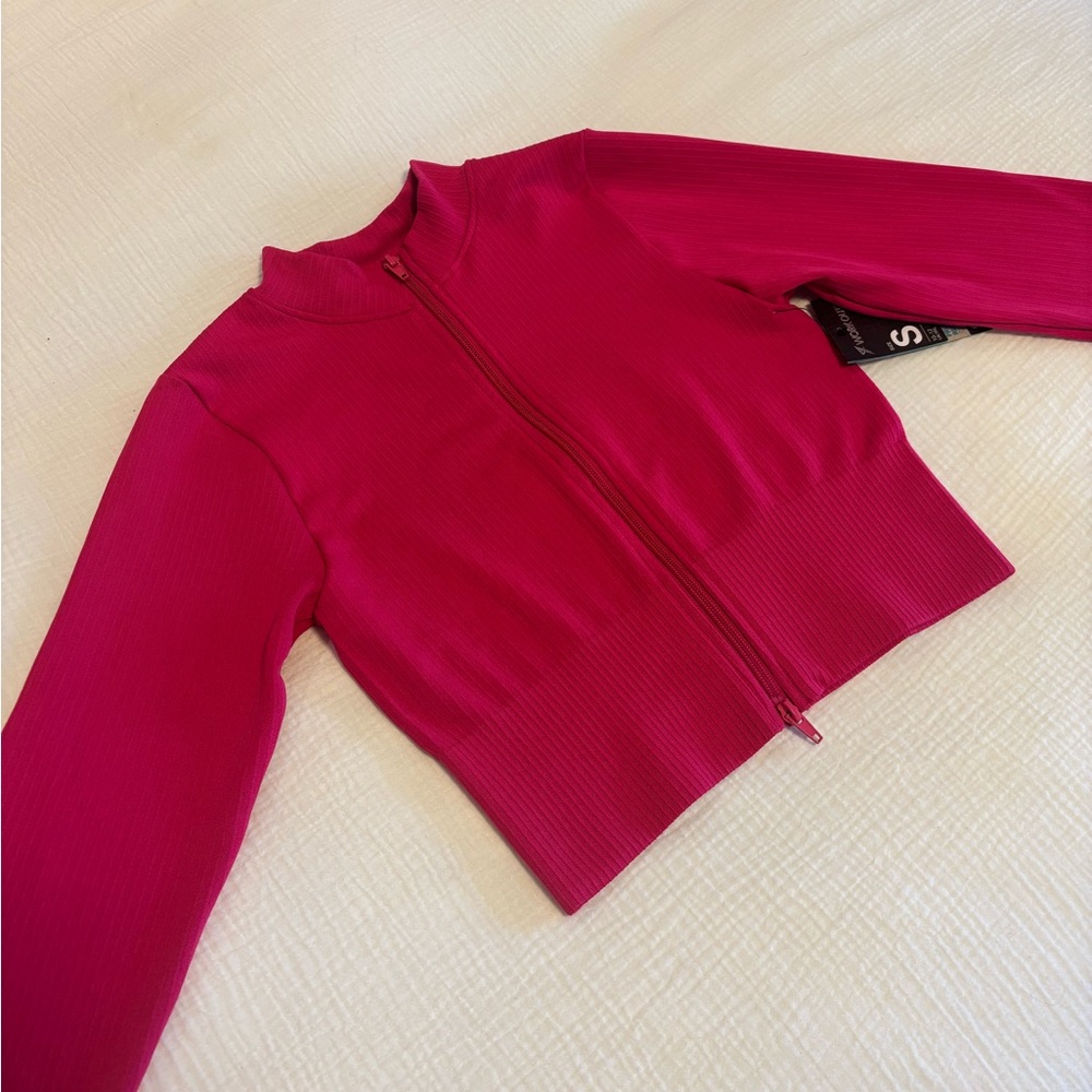 Hot Pink Ribbed Cropped Workout Jacket